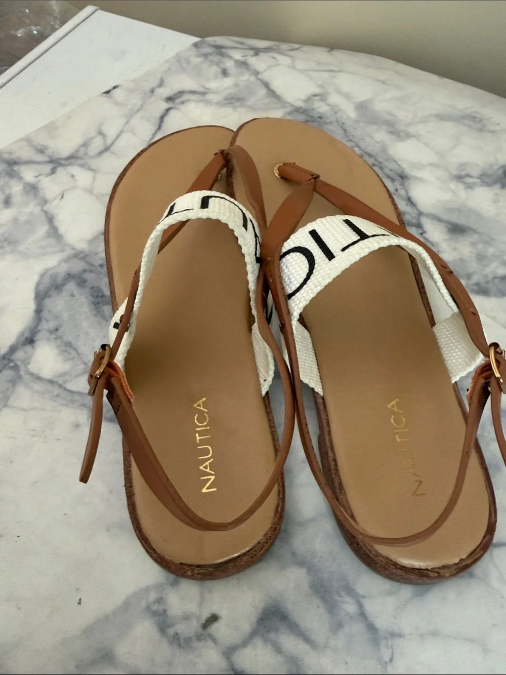 Nautica Tan Leather Thong Sandals with White Logo Strap